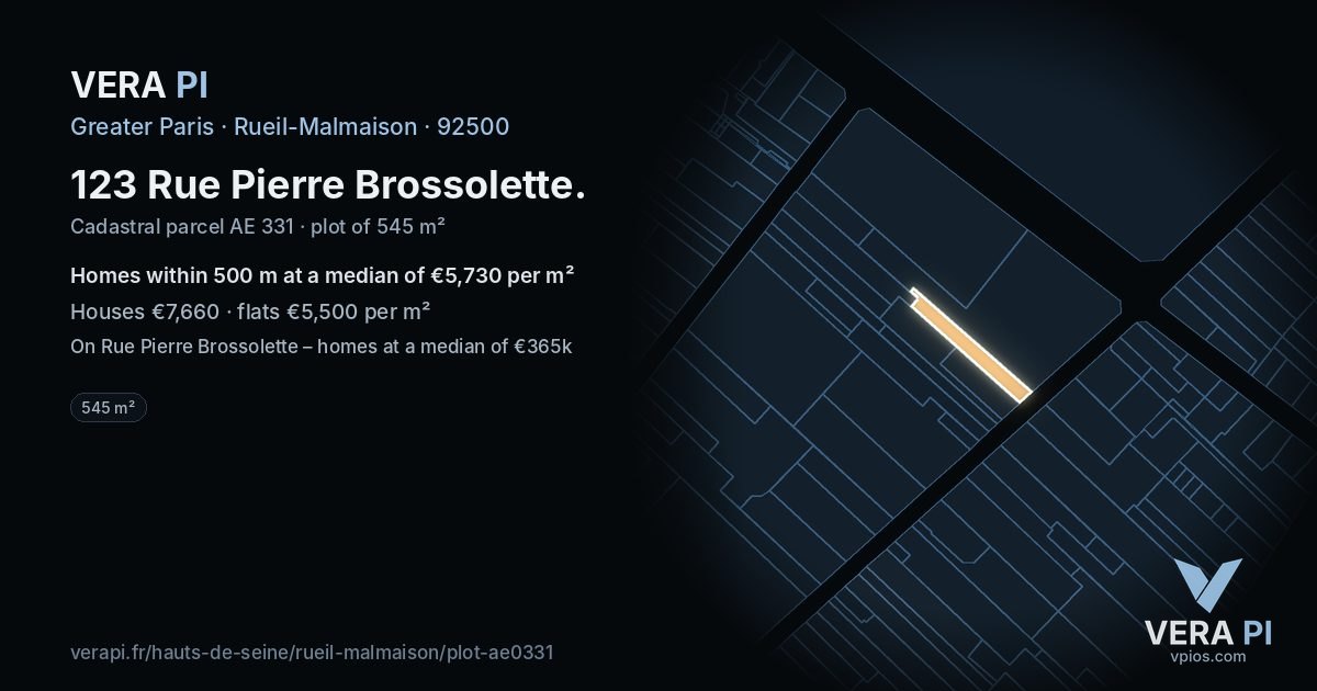 123 Rue Pierre Brossolette, Rueil-Malmaison at night – the plot lit, the parcels around coloured by the prices near them