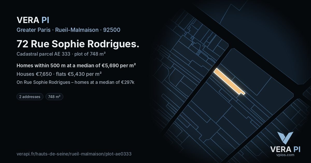 72 Rue Sophie Rodrigues, Rueil-Malmaison at night – the plot lit, the parcels around coloured by the prices near them