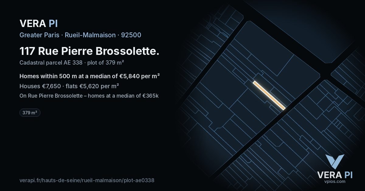 117 Rue Pierre Brossolette, Rueil-Malmaison at night – the plot lit, the parcels around coloured by the prices near them