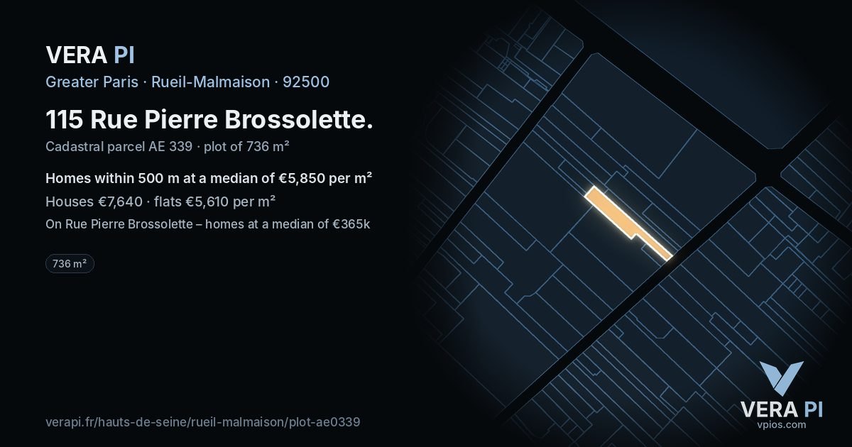 115 Rue Pierre Brossolette, Rueil-Malmaison at night – the plot lit, the parcels around coloured by the prices near them