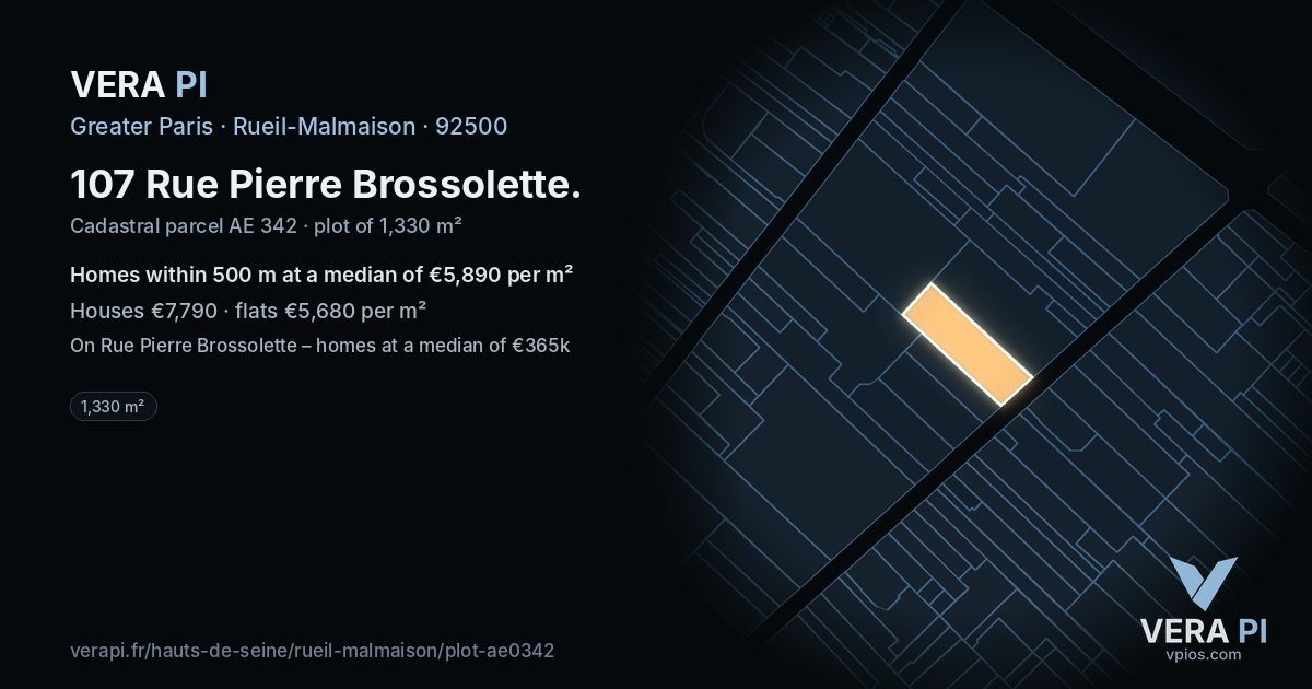 107 Rue Pierre Brossolette, Rueil-Malmaison at night – the plot lit, the parcels around coloured by the prices near them