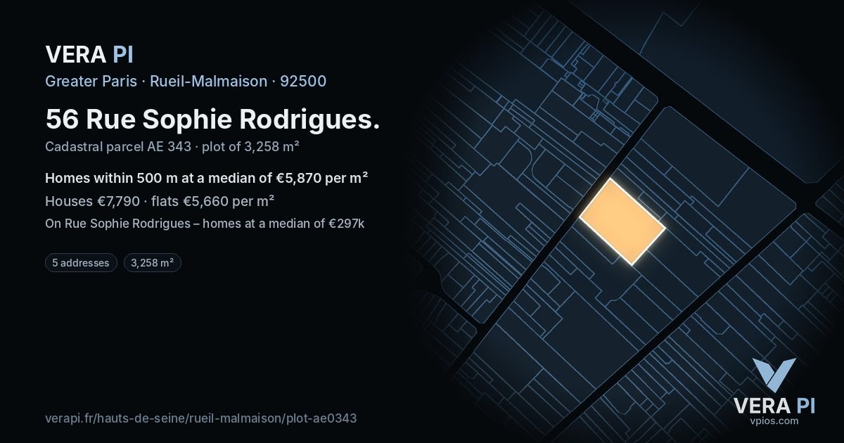 56 Rue Sophie Rodrigues, Rueil-Malmaison at night – the plot lit, the parcels around coloured by the prices near them