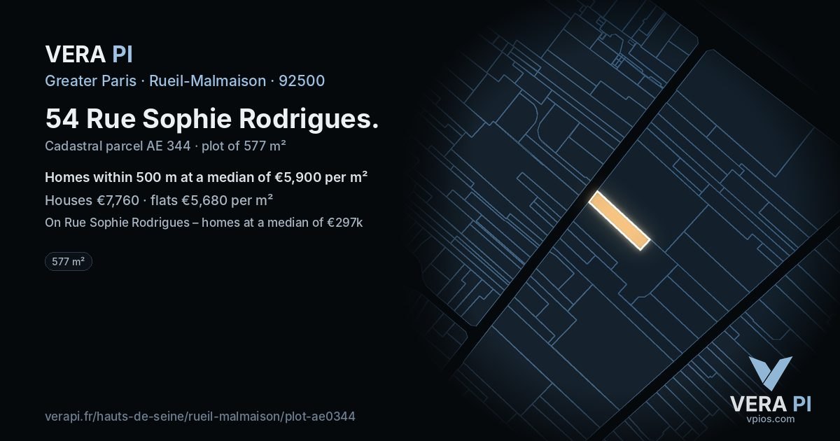 54 Rue Sophie Rodrigues, Rueil-Malmaison at night – the plot lit, the parcels around coloured by the prices near them