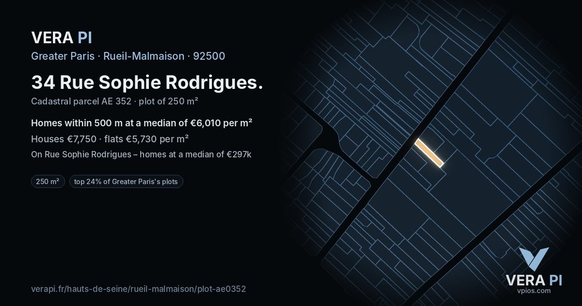 34 Rue Sophie Rodrigues, Rueil-Malmaison at night – the plot lit, the parcels around coloured by the prices near them
