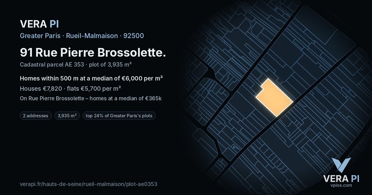 91 Rue Pierre Brossolette, Rueil-Malmaison at night – the plot lit, the parcels around coloured by the prices near them