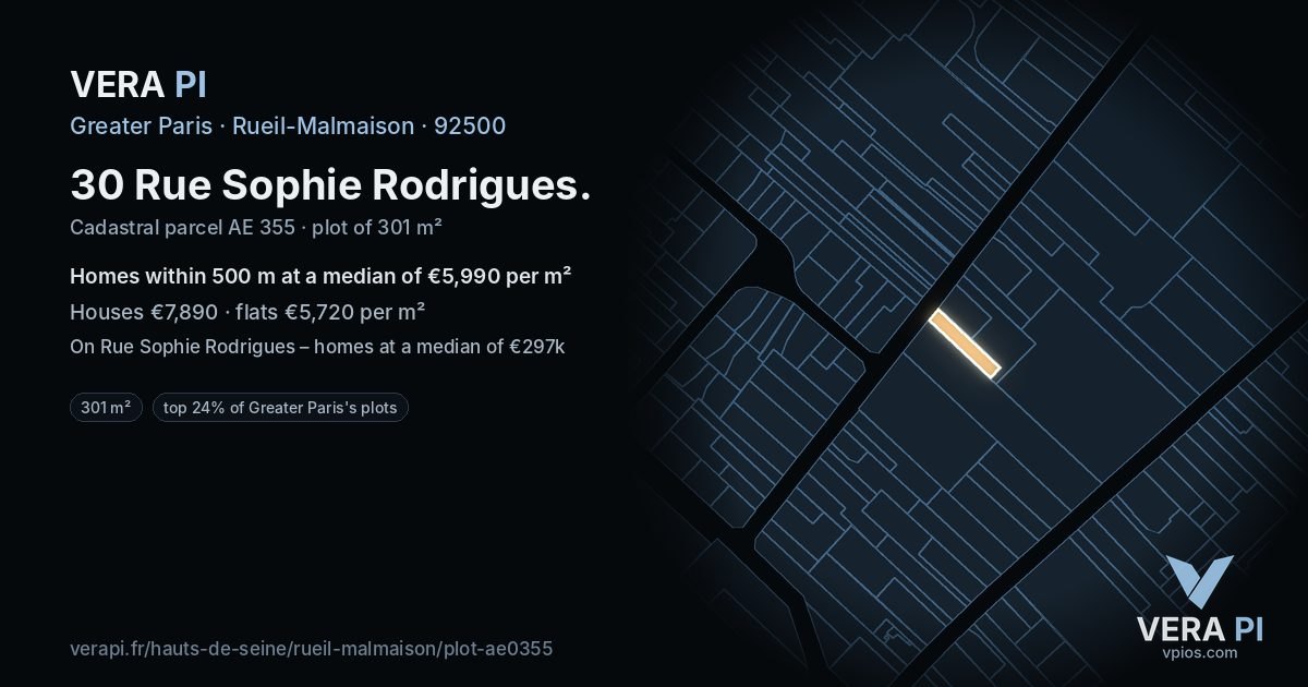 30 Rue Sophie Rodrigues, Rueil-Malmaison at night – the plot lit, the parcels around coloured by the prices near them