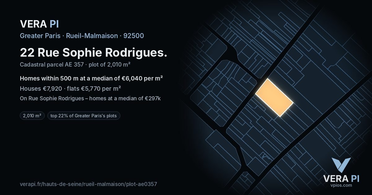 22 Rue Sophie Rodrigues, Rueil-Malmaison at night – the plot lit, the parcels around coloured by the prices near them