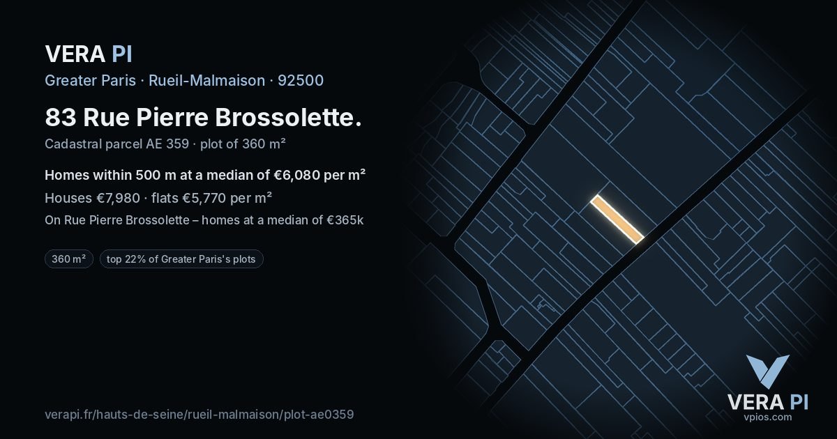 83 Rue Pierre Brossolette, Rueil-Malmaison at night – the plot lit, the parcels around coloured by the prices near them