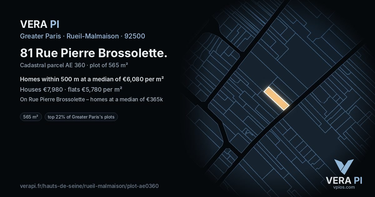 81 Rue Pierre Brossolette, Rueil-Malmaison at night – the plot lit, the parcels around coloured by the prices near them