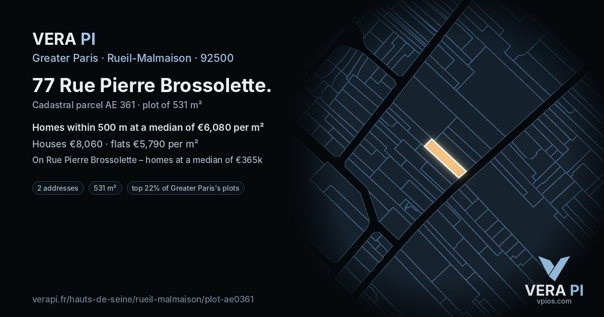 77 Rue Pierre Brossolette, Rueil-Malmaison at night – the plot lit, the parcels around coloured by the prices near them