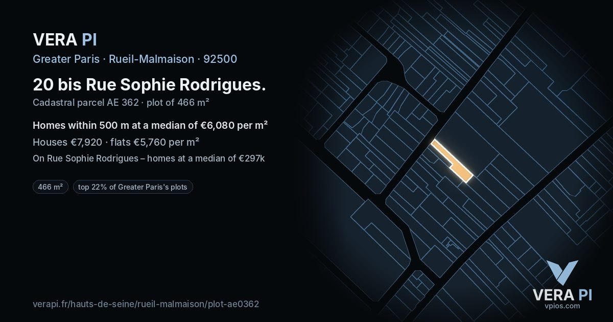 20 bis Rue Sophie Rodrigues, Rueil-Malmaison at night – the plot lit, the parcels around coloured by the prices near them