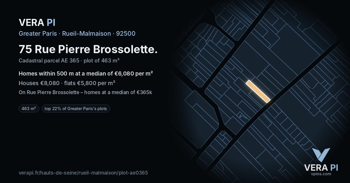 75 Rue Pierre Brossolette, Rueil-Malmaison at night – the plot lit, the parcels around coloured by the prices near them