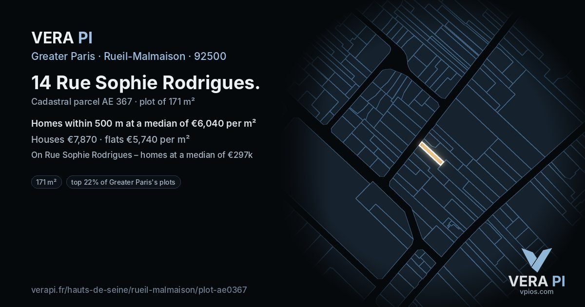 14 Rue Sophie Rodrigues, Rueil-Malmaison at night – the plot lit, the parcels around coloured by the prices near them
