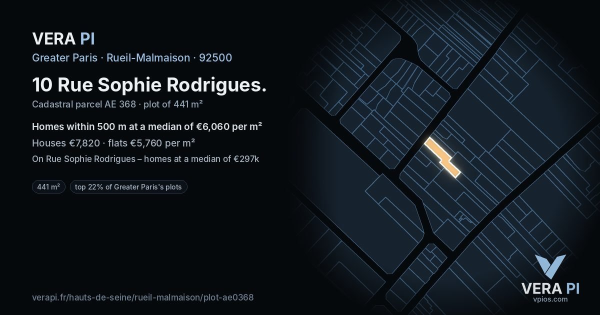 10 Rue Sophie Rodrigues, Rueil-Malmaison at night – the plot lit, the parcels around coloured by the prices near them
