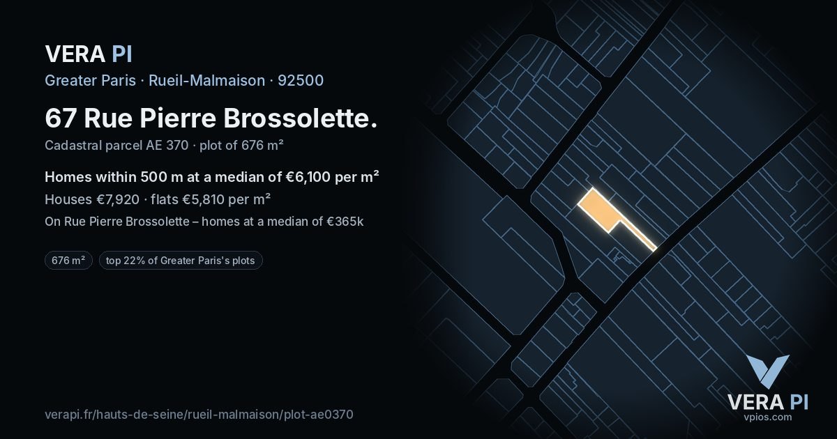 67 Rue Pierre Brossolette, Rueil-Malmaison at night – the plot lit, the parcels around coloured by the prices near them