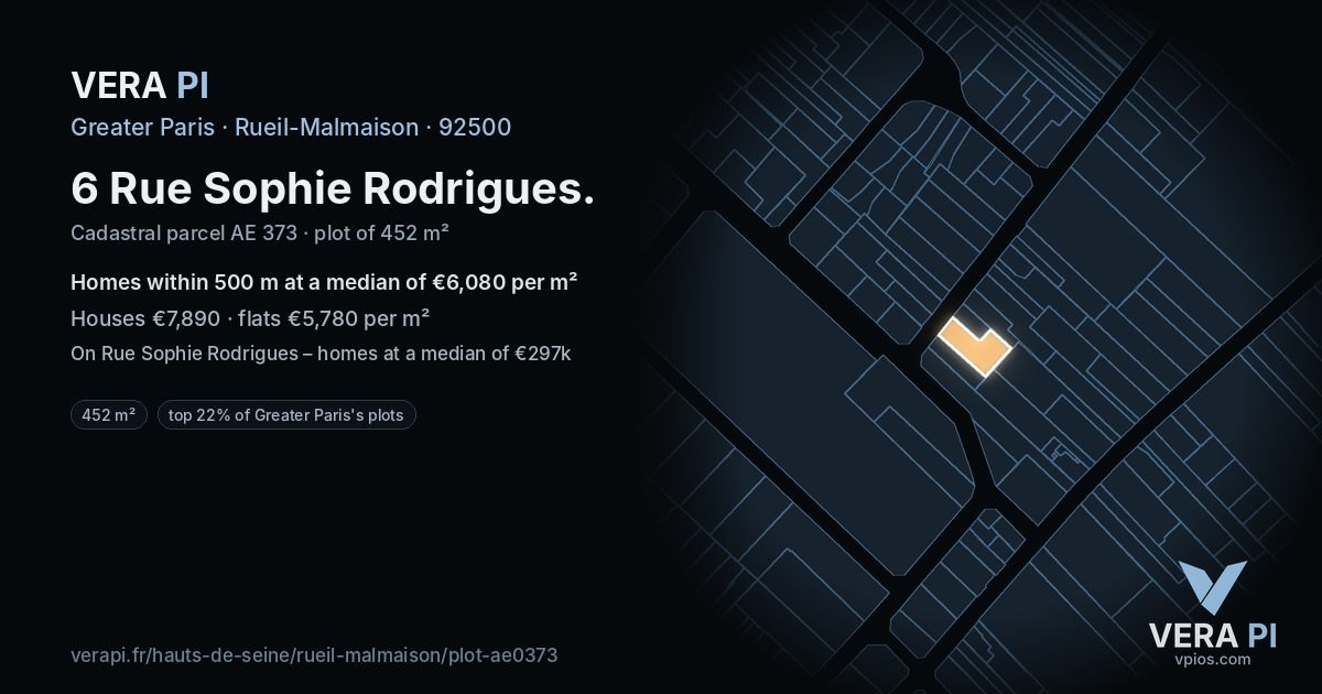 6 Rue Sophie Rodrigues, Rueil-Malmaison at night – the plot lit, the parcels around coloured by the prices near them