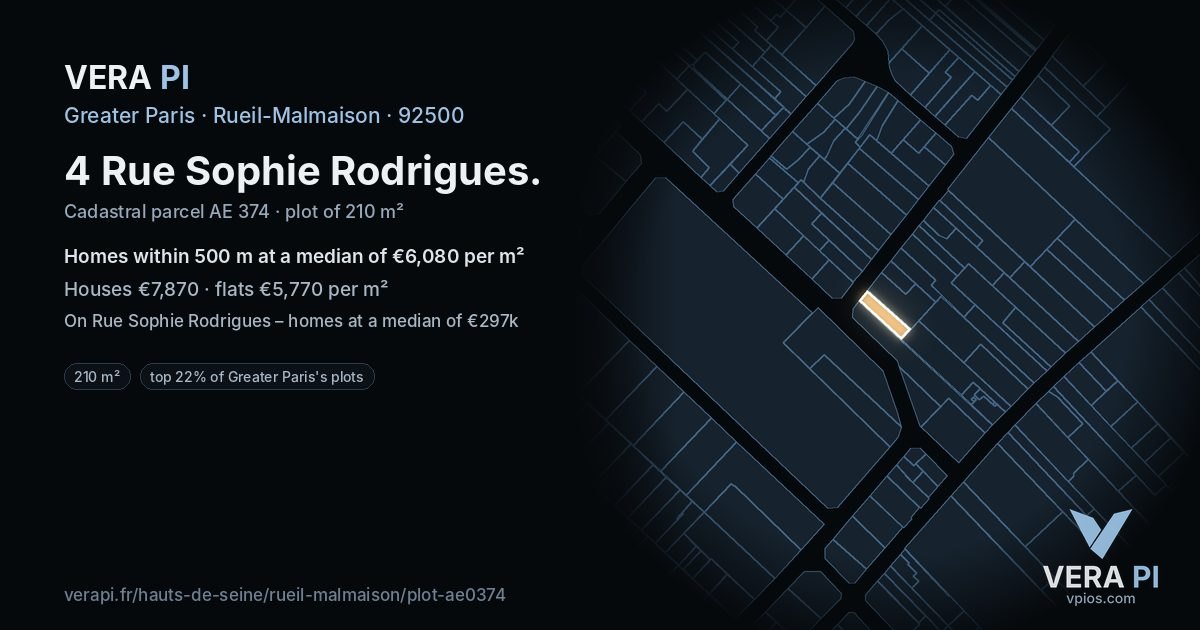 4 Rue Sophie Rodrigues, Rueil-Malmaison at night – the plot lit, the parcels around coloured by the prices near them