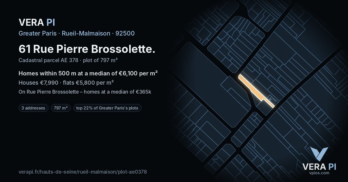 61 Rue Pierre Brossolette, Rueil-Malmaison at night – the plot lit, the parcels around coloured by the prices near them