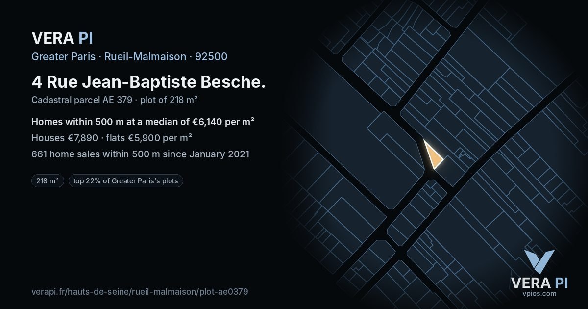 4 Rue Jean-Baptiste Besche, Rueil-Malmaison at night – the plot lit, the parcels around coloured by the prices near them