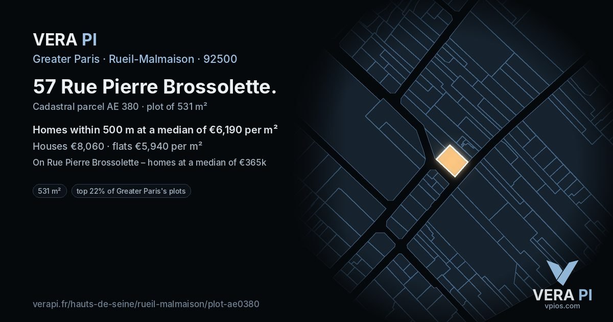 57 Rue Pierre Brossolette, Rueil-Malmaison at night – the plot lit, the parcels around coloured by the prices near them