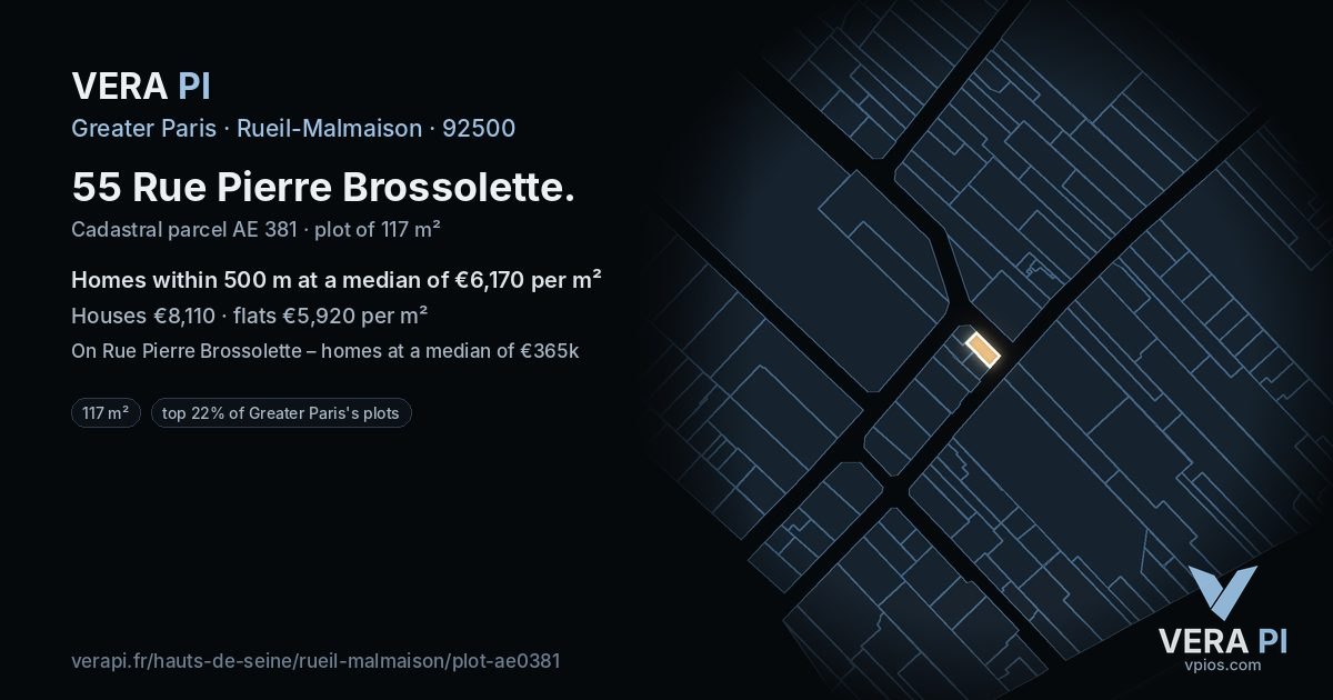 55 Rue Pierre Brossolette, Rueil-Malmaison at night – the plot lit, the parcels around coloured by the prices near them