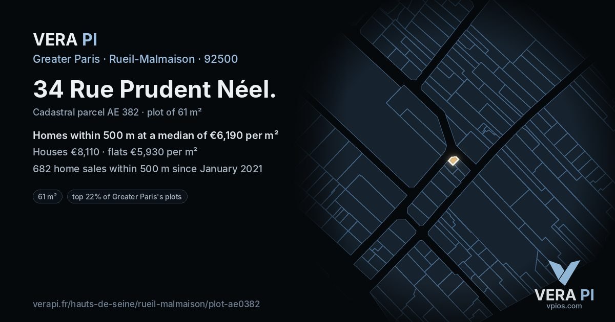 34 Rue Prudent Néel, Rueil-Malmaison at night – the plot lit, the parcels around coloured by the prices near them