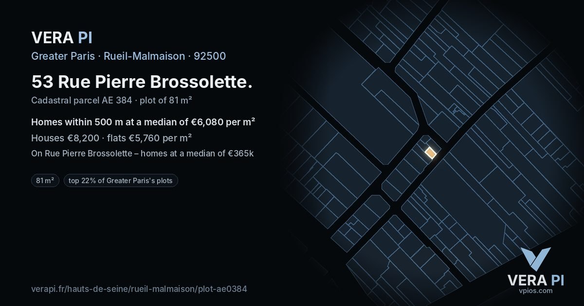 53 Rue Pierre Brossolette, Rueil-Malmaison at night – the plot lit, the parcels around coloured by the prices near them