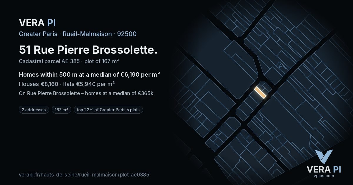 51 Rue Pierre Brossolette, Rueil-Malmaison at night – the plot lit, the parcels around coloured by the prices near them