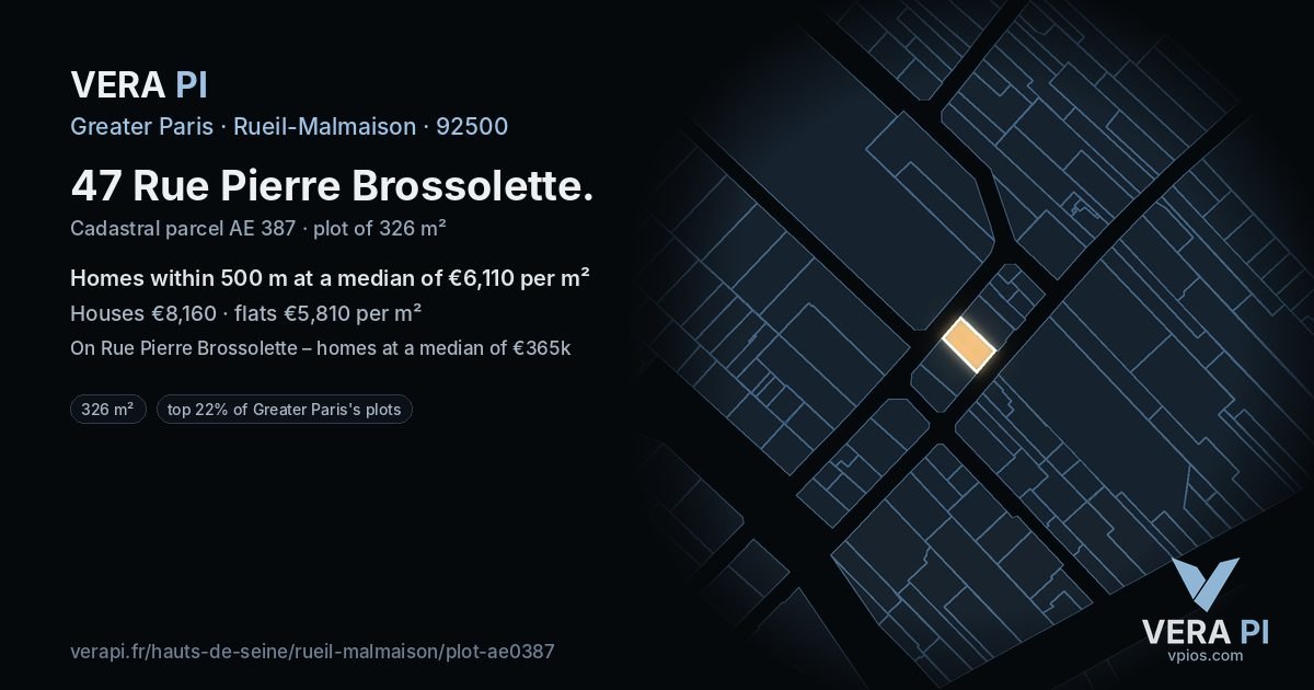 47 Rue Pierre Brossolette, Rueil-Malmaison at night – the plot lit, the parcels around coloured by the prices near them