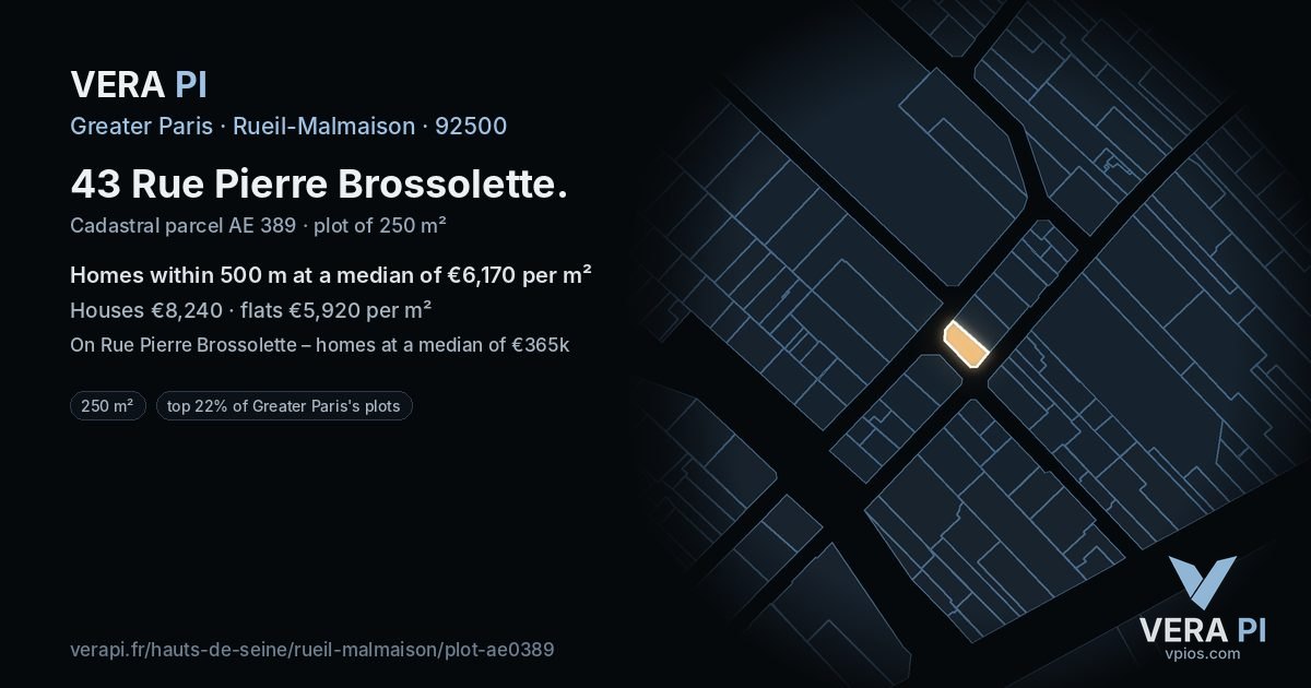 43 Rue Pierre Brossolette, Rueil-Malmaison at night – the plot lit, the parcels around coloured by the prices near them