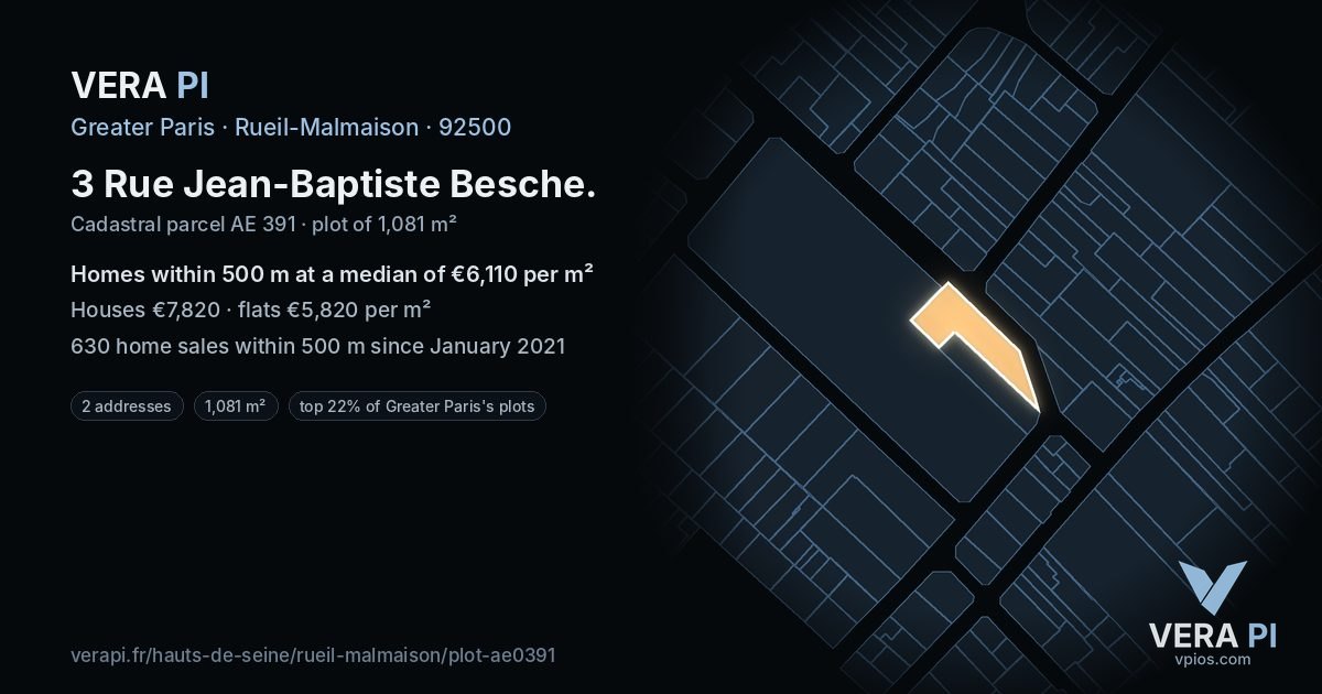 3 Rue Jean-Baptiste Besche, Rueil-Malmaison at night – the plot lit, the parcels around coloured by the prices near them