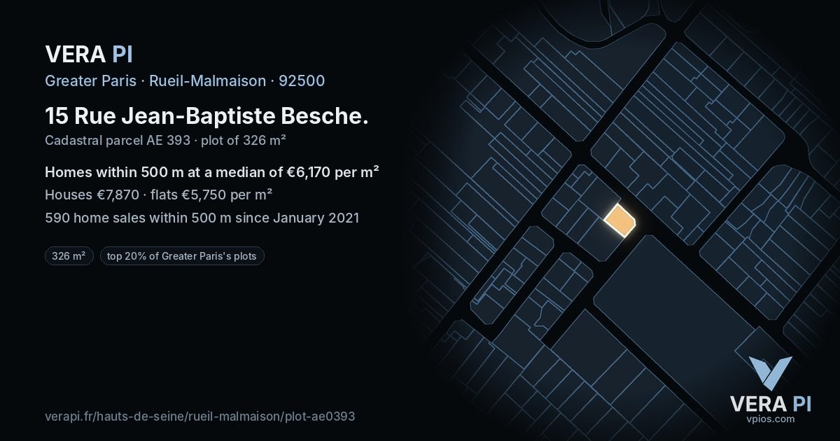 15 Rue Jean-Baptiste Besche, Rueil-Malmaison at night – the plot lit, the parcels around coloured by the prices near them