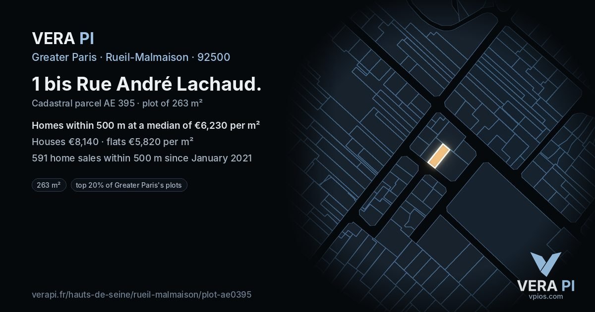 1 bis Rue André Lachaud, Rueil-Malmaison at night – the plot lit, the parcels around coloured by the prices near them