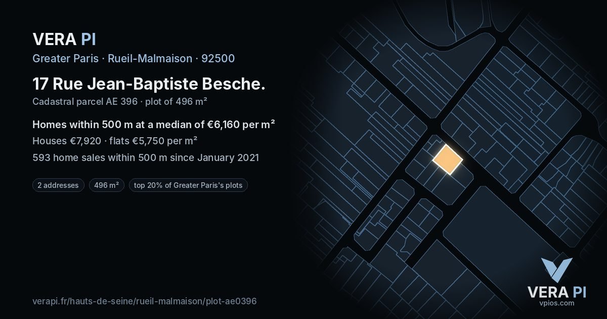 17 Rue Jean-Baptiste Besche, Rueil-Malmaison at night – the plot lit, the parcels around coloured by the prices near them