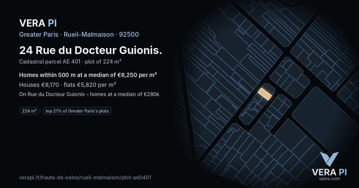 24 Rue du Docteur Guionis, Rueil-Malmaison at night – the plot lit, the parcels around coloured by the prices near them