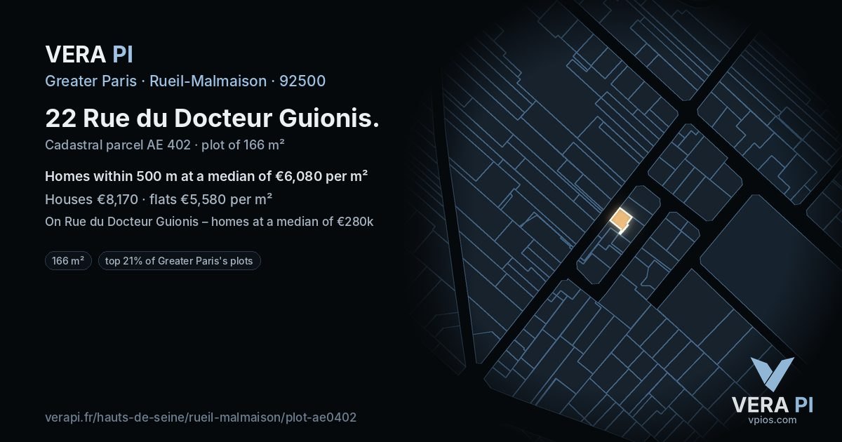 22 Rue du Docteur Guionis, Rueil-Malmaison at night – the plot lit, the parcels around coloured by the prices near them