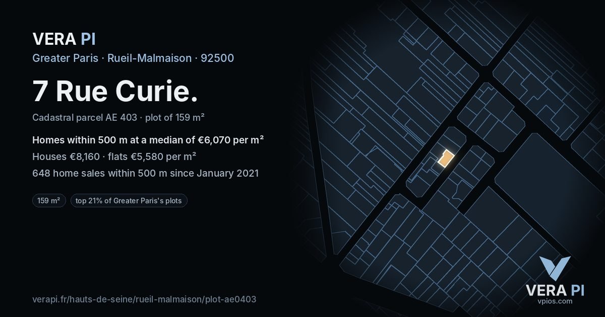 7 Rue Curie, Rueil-Malmaison at night – the plot lit, the parcels around coloured by the prices near them