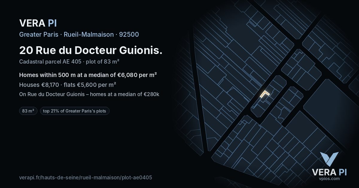20 Rue du Docteur Guionis, Rueil-Malmaison at night – the plot lit, the parcels around coloured by the prices near them