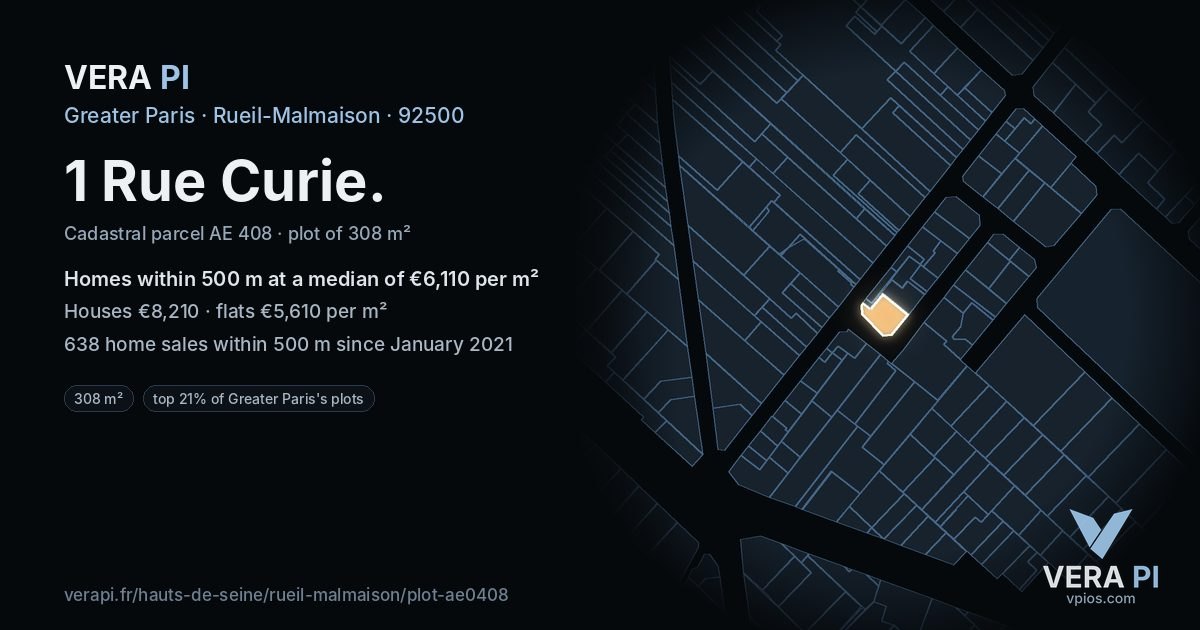1 Rue Curie, Rueil-Malmaison at night – the plot lit, the parcels around coloured by the prices near them