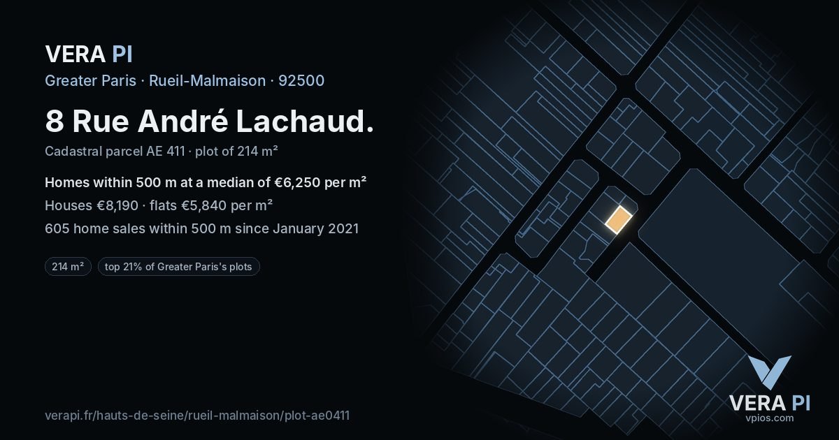 8 Rue André Lachaud, Rueil-Malmaison at night – the plot lit, the parcels around coloured by the prices near them