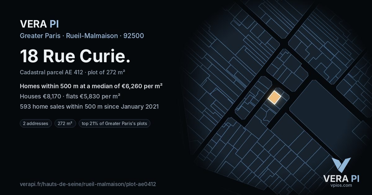 18 Rue Curie, Rueil-Malmaison at night – the plot lit, the parcels around coloured by the prices near them
