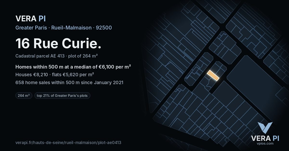 16 Rue Curie, Rueil-Malmaison at night – the plot lit, the parcels around coloured by the prices near them