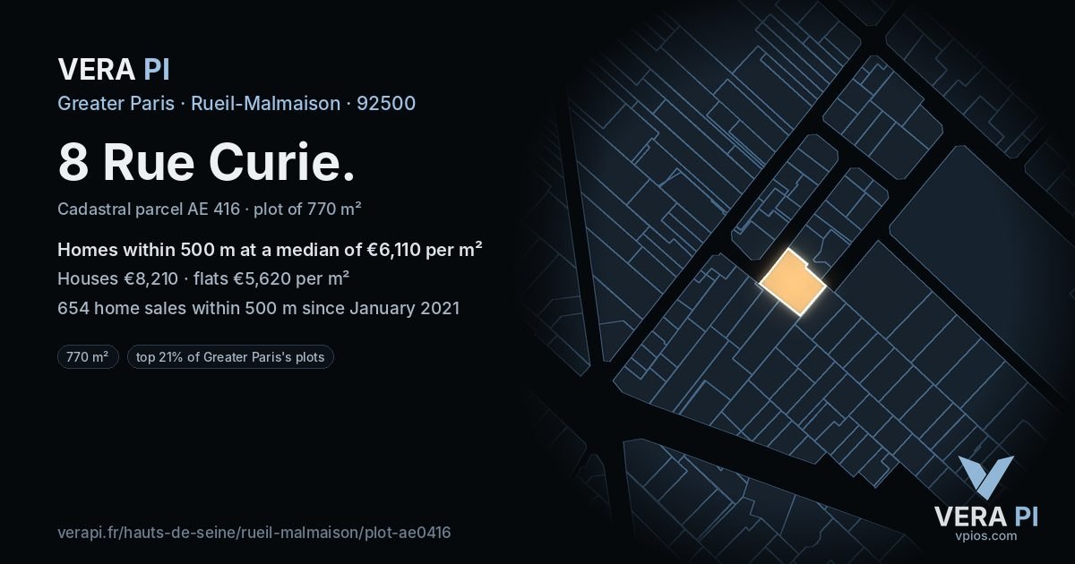 8 Rue Curie, Rueil-Malmaison at night – the plot lit, the parcels around coloured by the prices near them