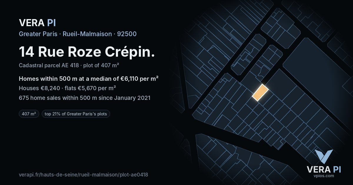14 Rue Roze Crépin, Rueil-Malmaison at night – the plot lit, the parcels around coloured by the prices near them