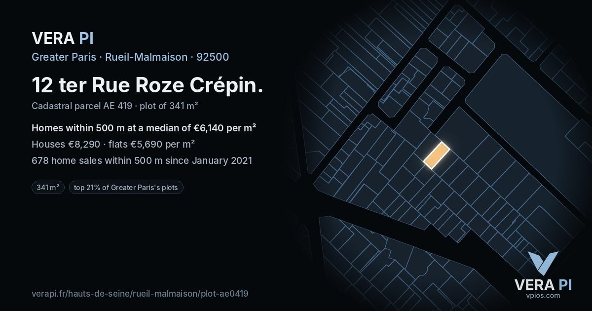 12 ter Rue Roze Crépin, Rueil-Malmaison at night – the plot lit, the parcels around coloured by the prices near them