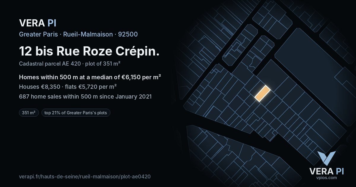 12 bis Rue Roze Crépin, Rueil-Malmaison at night – the plot lit, the parcels around coloured by the prices near them