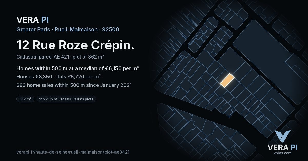 12 Rue Roze Crépin, Rueil-Malmaison at night – the plot lit, the parcels around coloured by the prices near them