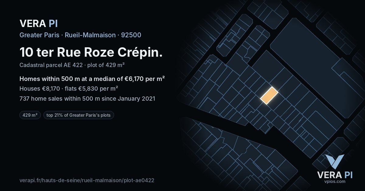10 ter Rue Roze Crépin, Rueil-Malmaison at night – the plot lit, the parcels around coloured by the prices near them
