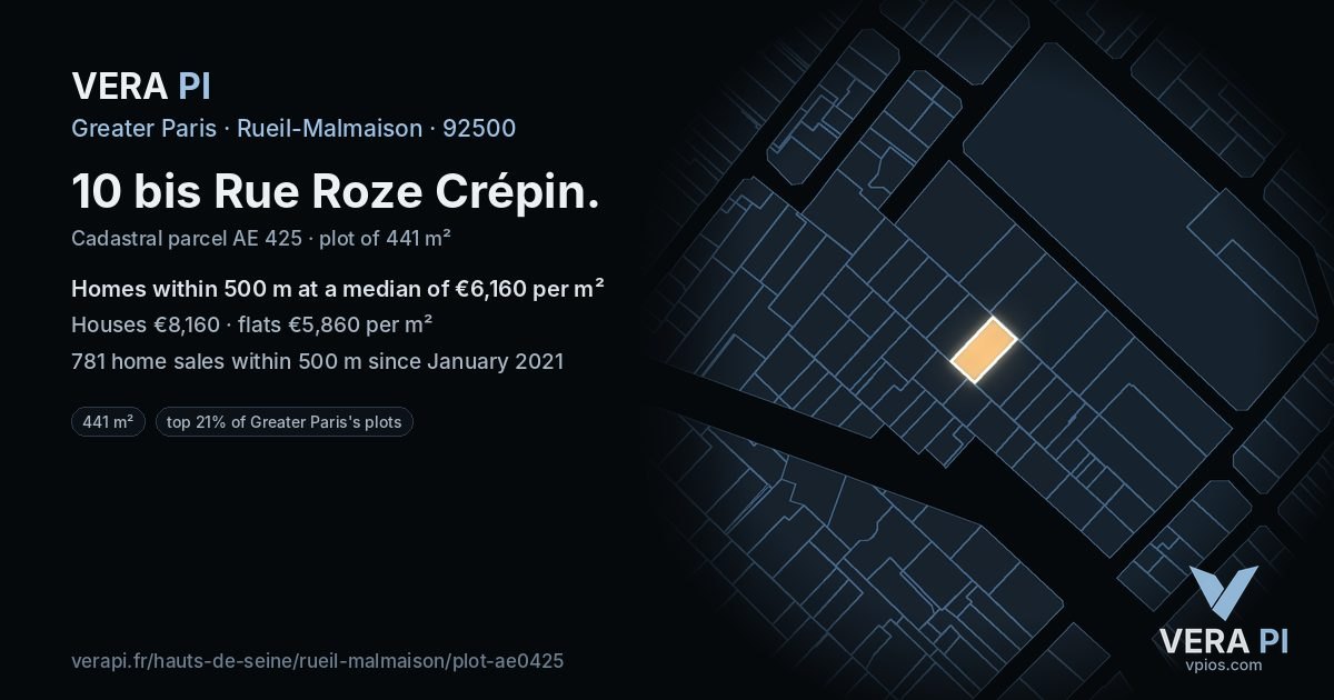 10 bis Rue Roze Crépin, Rueil-Malmaison at night – the plot lit, the parcels around coloured by the prices near them