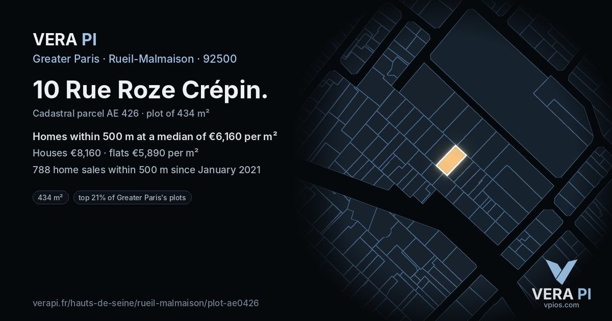 10 Rue Roze Crépin, Rueil-Malmaison at night – the plot lit, the parcels around coloured by the prices near them